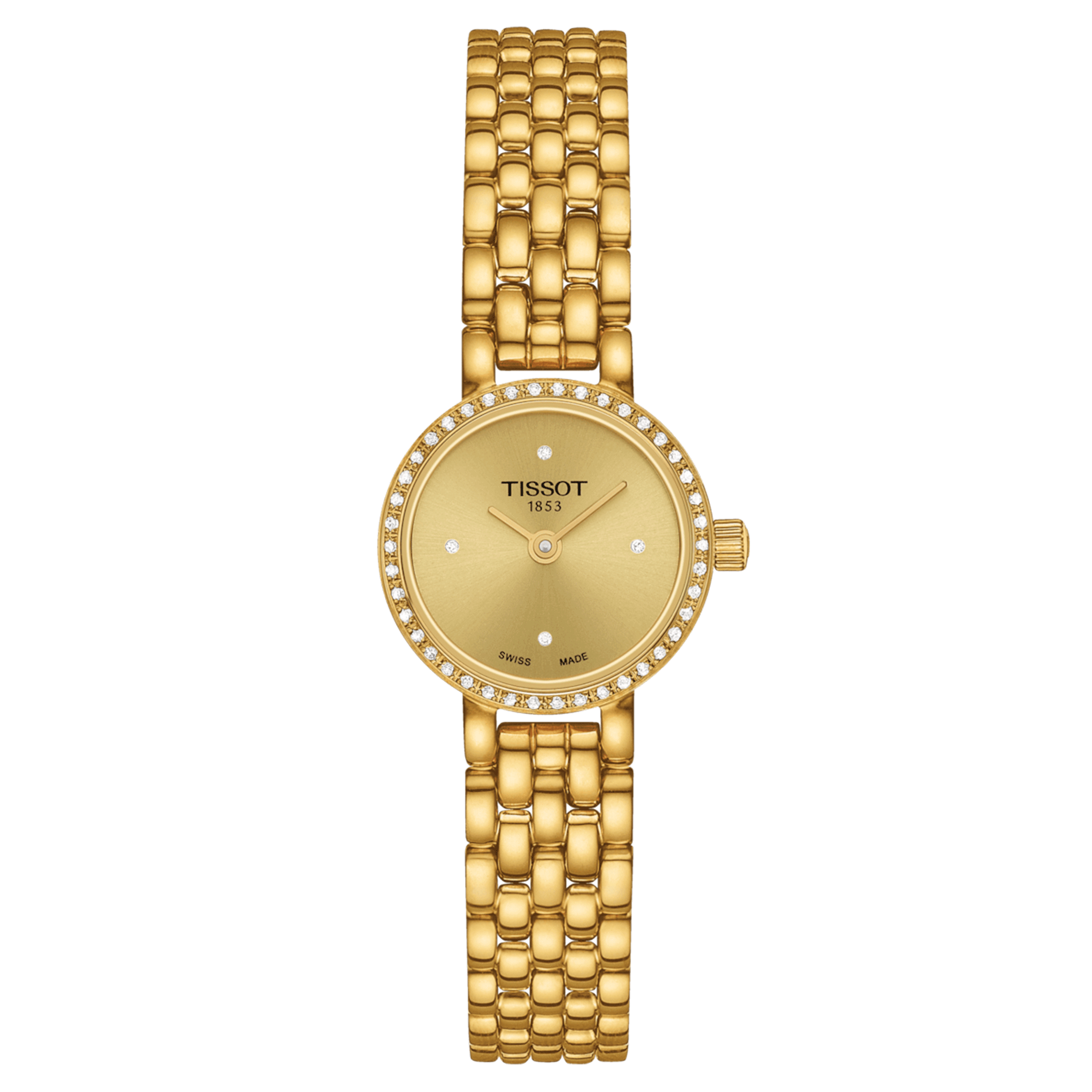 Tissot Lovely Round quartz watch bezel set with champagne dial stainless steel bracelet pvd yellow gold 19.5 mm T140.009.63.026.