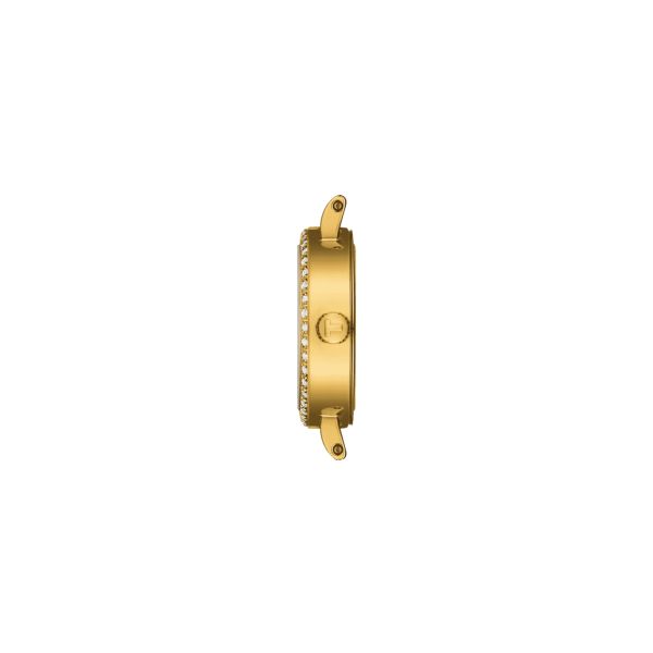 Tissot Lovely Round quartz watch bezel set with champagne dial stainless steel bracelet pvd yellow gold 19.5 mm T140.009.63.026.