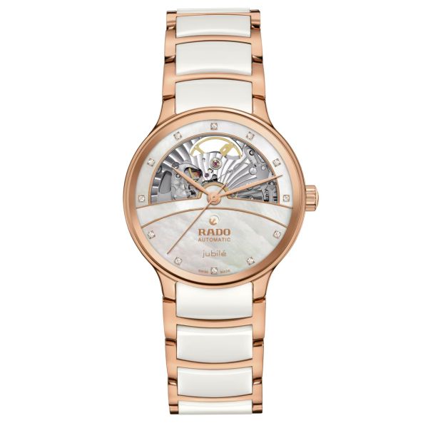 Montre Rado Centrix Open Heart automatique cadran nacre bracelet acier PVD or rose et céramique blanche 35 mm