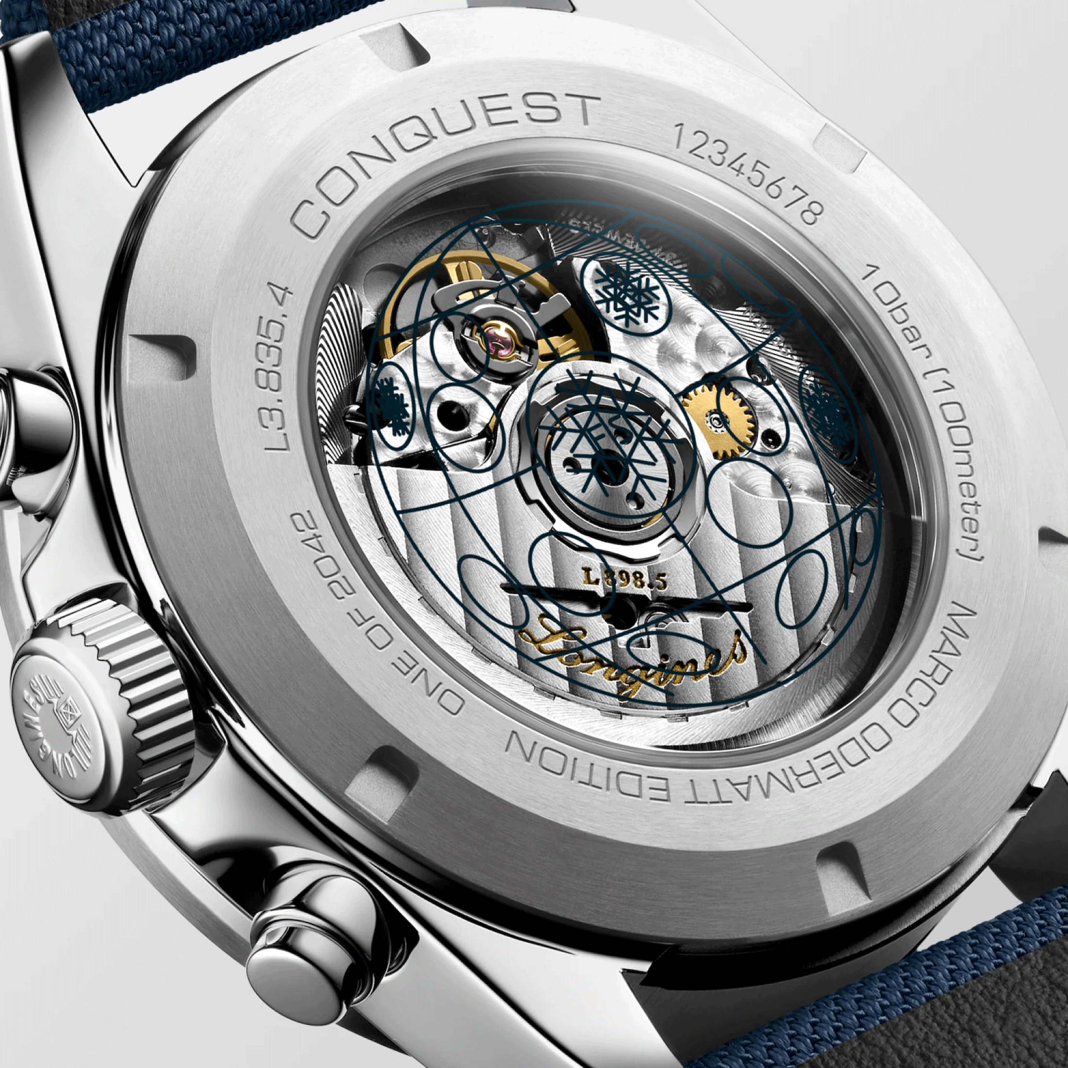 Longines Conquest Chronograph Marco Odermatt automatic watch blue dial blue fabric strap 42 mm L3.835.4.91.2