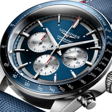Longines Conquest Chronograph Marco Odermatt automatic watch blue dial blue fabric strap 42 mm L3.835.4.91.2