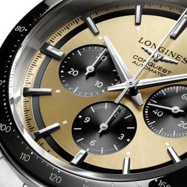 Longines Conquest Chronograph automatic watch brown dial black rubber strap 42 mm L3.835.4.32.9