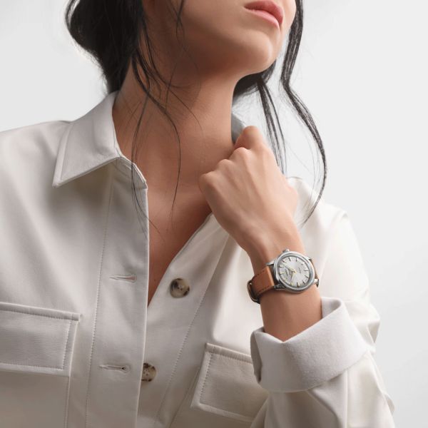 Longines Conquest Heritage automatic watch silver dial brown leather strap 38 mm L1.649.4.72.2