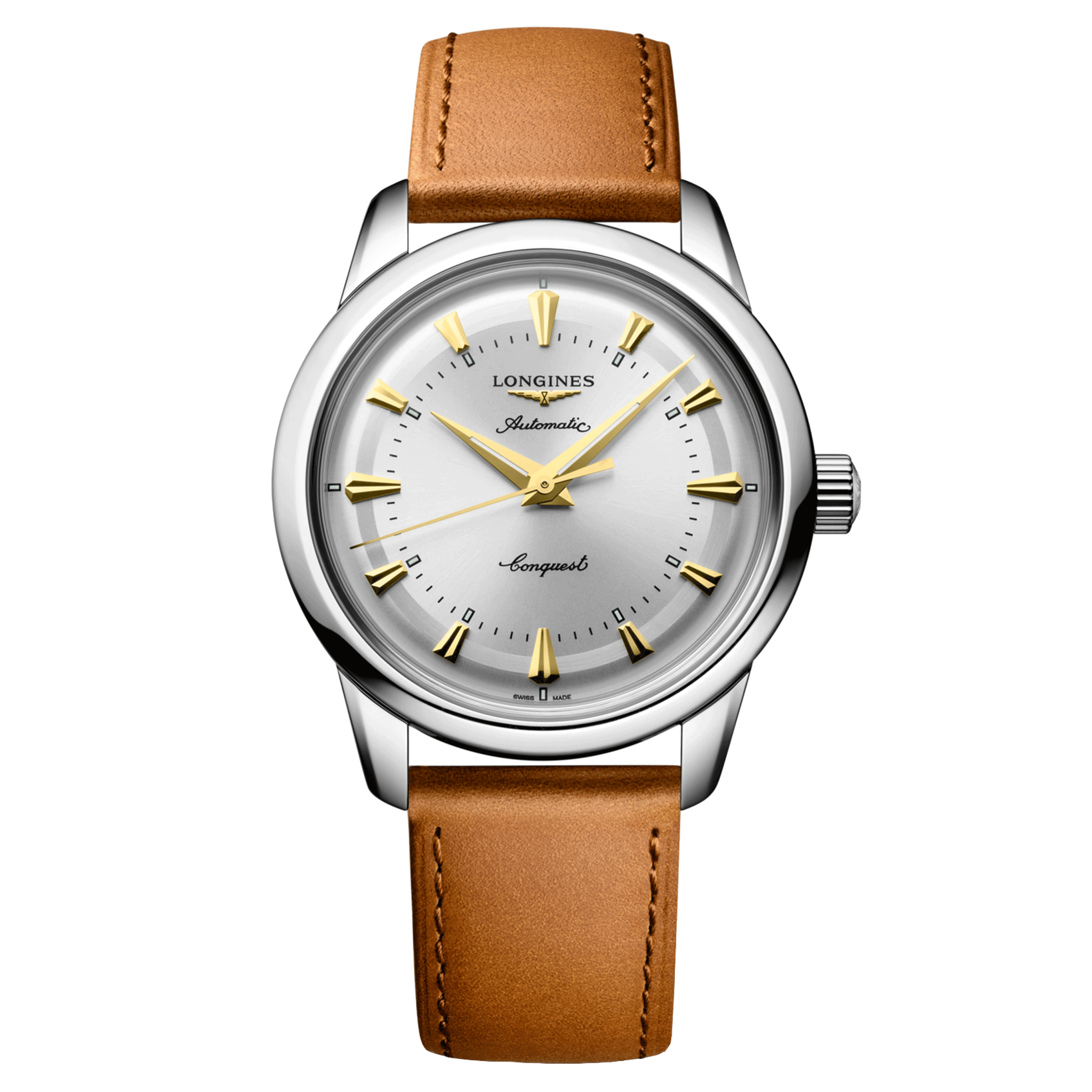 Longines Conquest Heritage automatic watch silver dial brown leather strap 38 mm L1.649.4.72.2