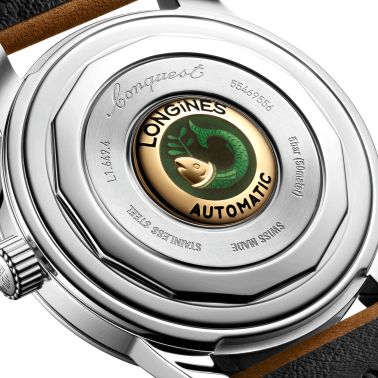 Longines Conquest Heritage automatic watch silver dial brown leather strap 38 mm L1.649.4.72.2