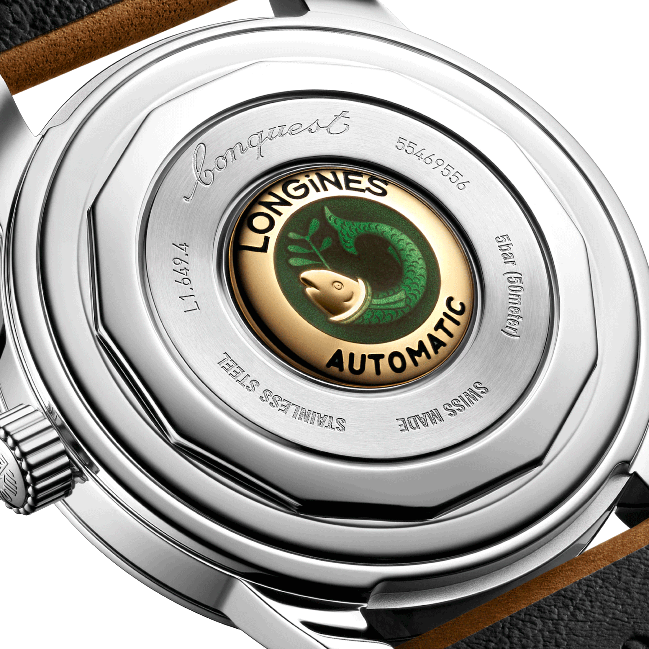 Longines Conquest Heritage automatic watch silver dial brown leather strap 38 mm L1.649.4.72.2