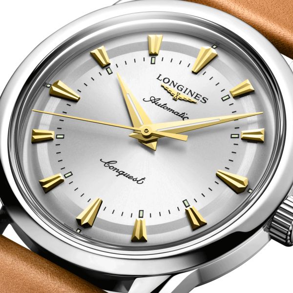 Longines Conquest Heritage automatic watch silver dial brown leather strap 38 mm L1.649.4.72.2