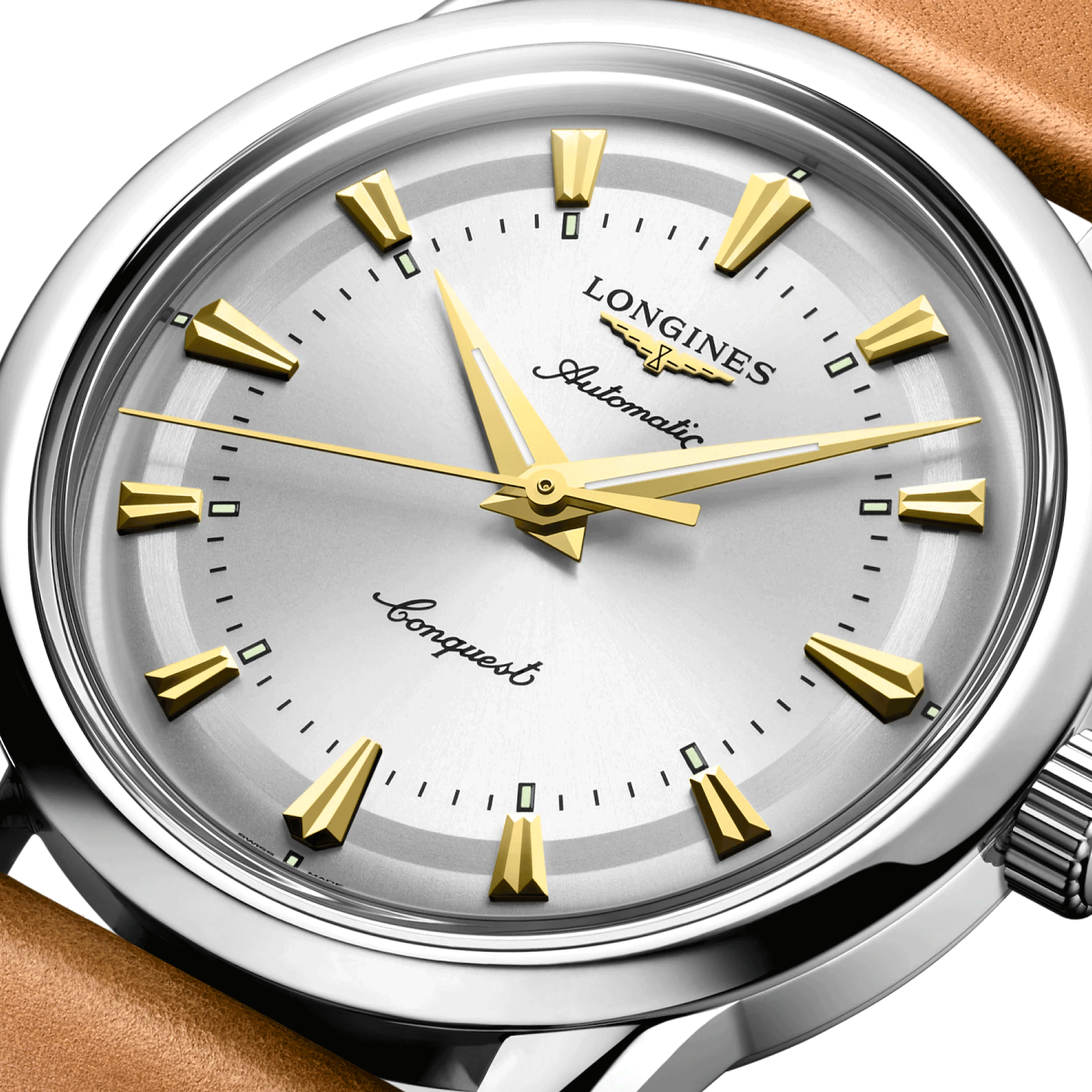 Longines Conquest Heritage automatic watch silver dial brown leather strap 38 mm L1.649.4.72.2
