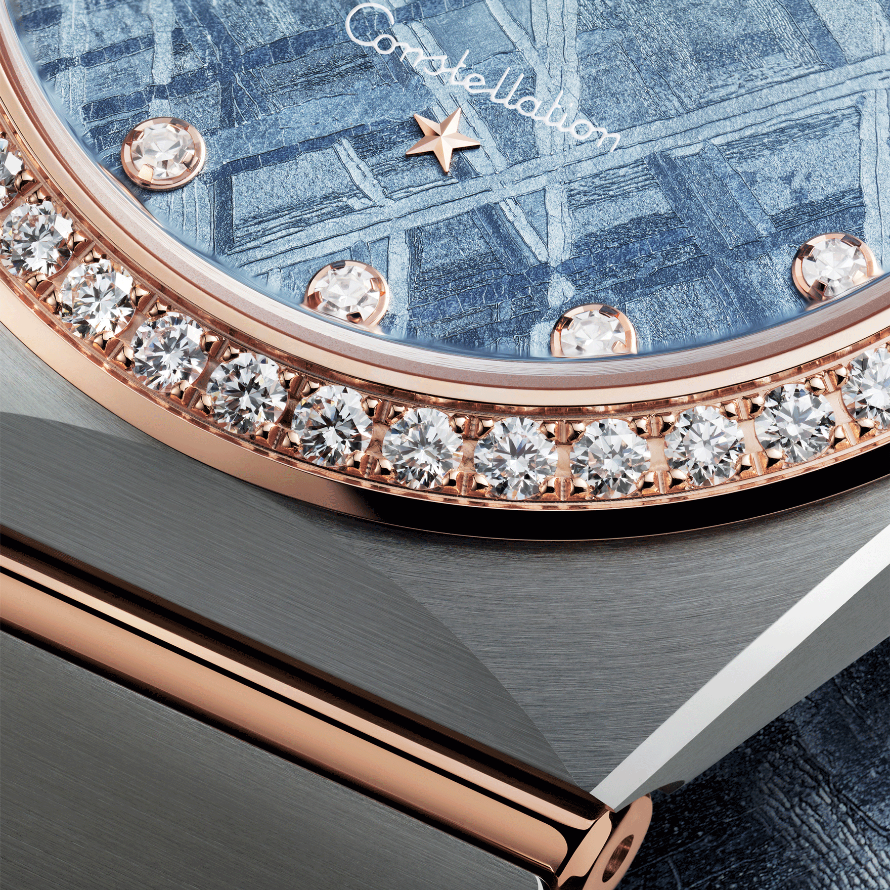 Montre Omega Constellation Météorite quartz or sedna & acier cadran bleu bracelet acier 28 mm