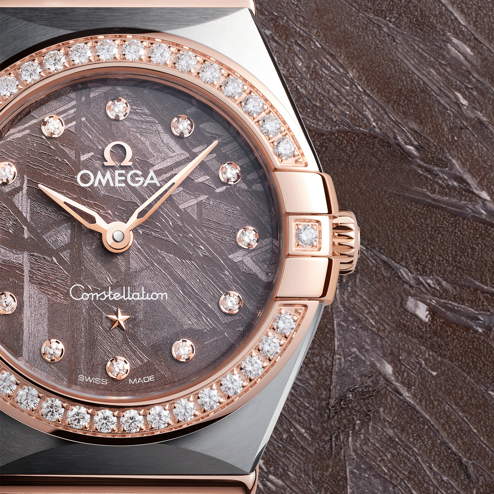 Montre Omega Constellation Météorite quartz or sedna & acier cadran lilas bracelet acier 25 mm