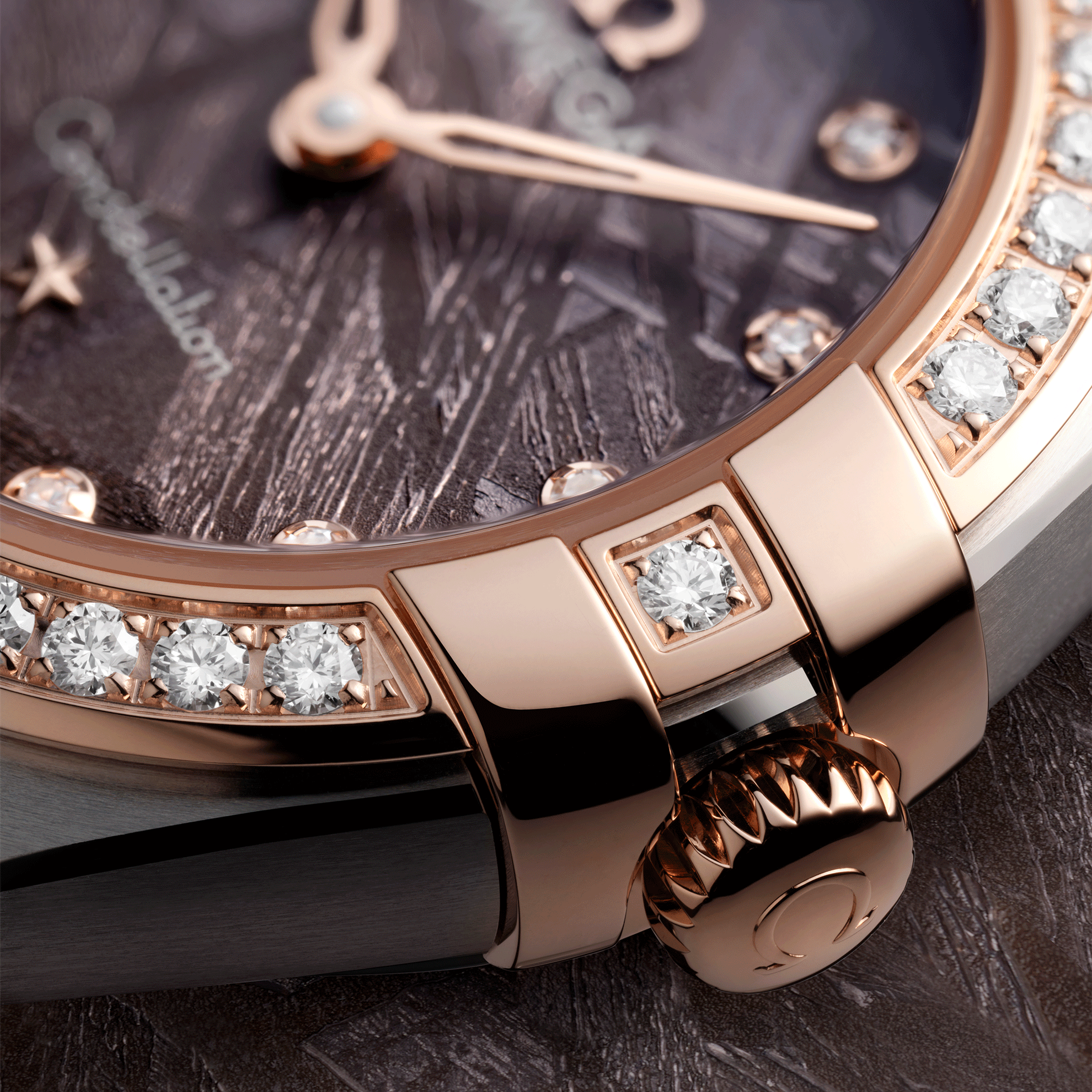 Montre Omega Constellation Météorite quartz or sedna & acier cadran lilas bracelet acier 25 mm