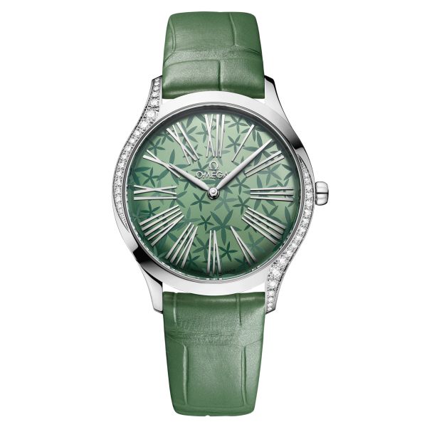 Montre Omega De Ville Trésor quartz cadran vert bracelet cuir vert 36 mm