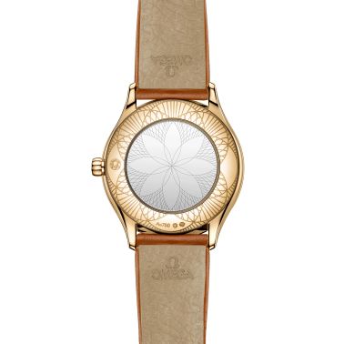 Omega De Ville Mini Trésor Moonshine Gold quartz white Grand Feu enamel dial brown double-turn leather strap 26 mm