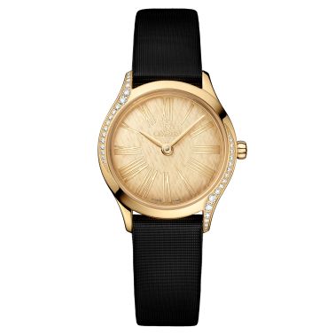 Omega De Ville Mini Trésor Moonshine Gold quartz gold dial black satin strap 26 mm