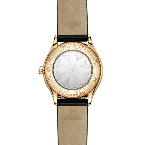 Montre Omega De Ville Mini Trésor Or Moonshine quartz cadran or bracelet satin noir 26 mm