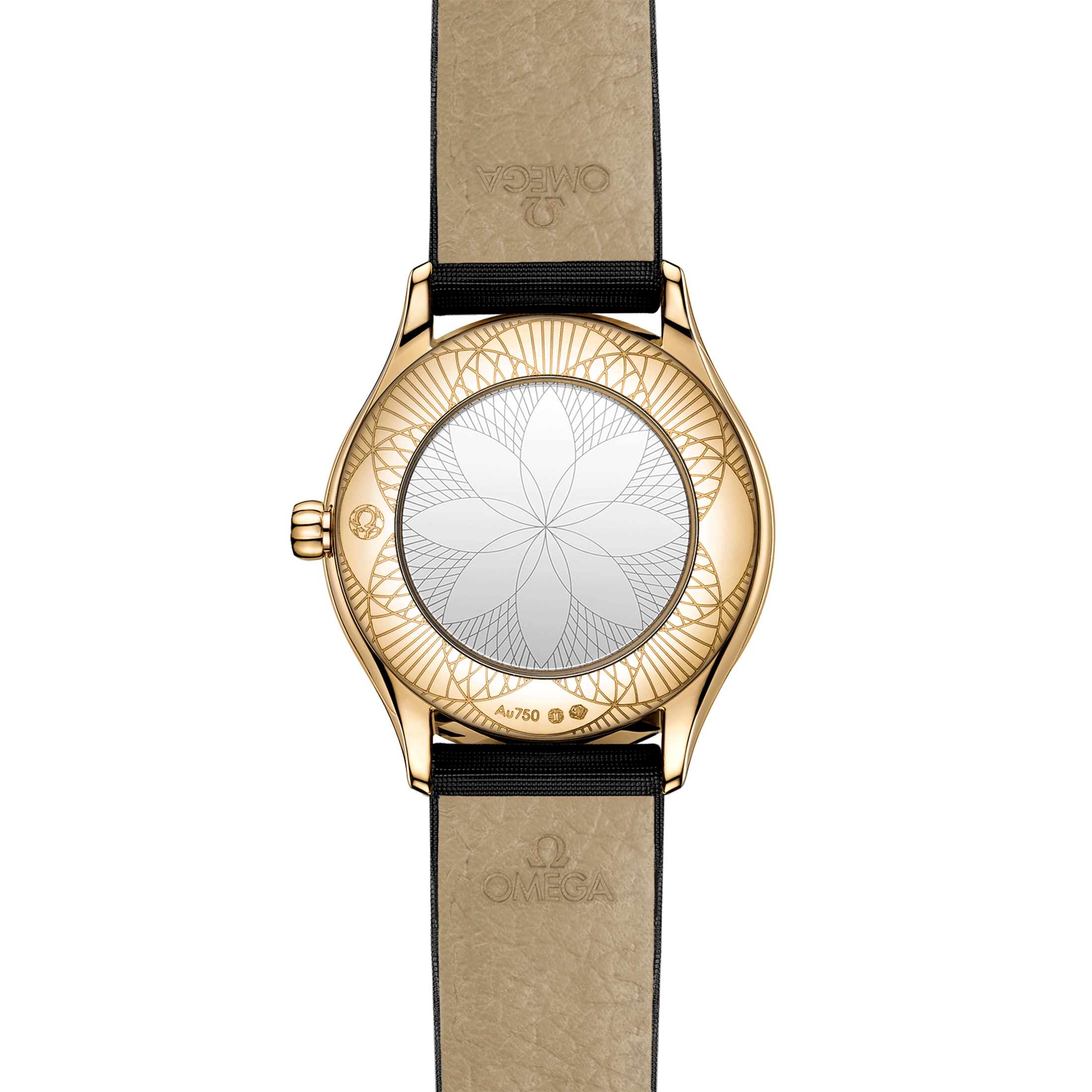 Montre Omega De Ville Mini Trésor Or Moonshine quartz cadran or bracelet satin noir 26 mm