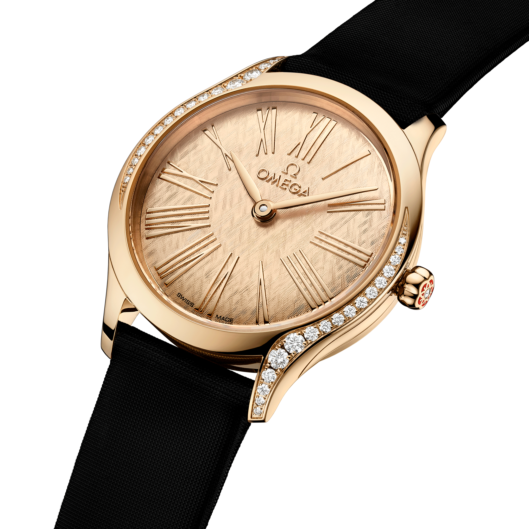 Montre Omega De Ville Mini Trésor Or Moonshine quartz cadran or bracelet satin noir 26 mm