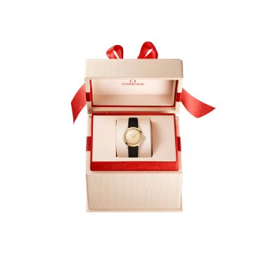 Montre Omega De Ville Mini Trésor Or Moonshine quartz cadran or bracelet satin noir 26 mm