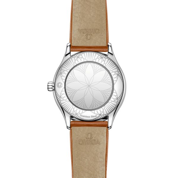 Montre Omega De Ville Mini Trésor quartz cadran émail Grand Feu blanc bracelet cuir brun 26 mm