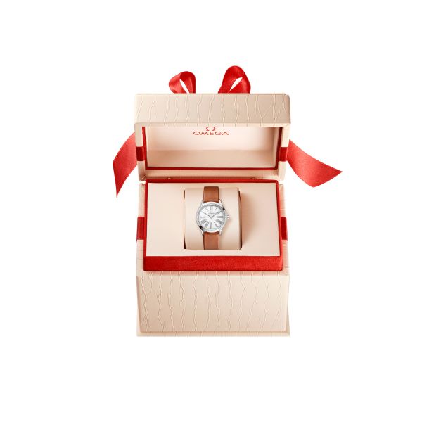 Montre Omega De Ville Mini Trésor quartz cadran émail Grand Feu blanc bracelet cuir brun 26 mm