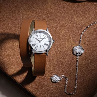 Omega De Ville Mini Trésor quartz white Grand Feu enamel dial brown double-turn leather strap 26 mm