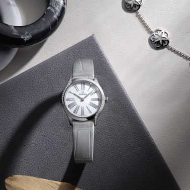 Omega De Ville Mini Trésor quartz white Grand Feu enamel dial grey leather strap 26 mm