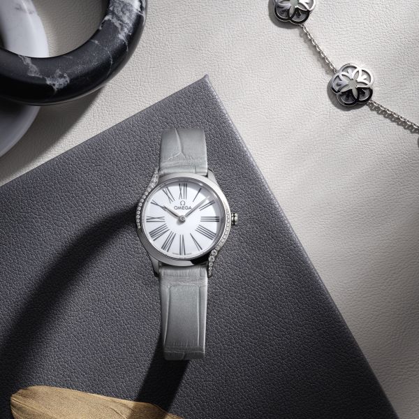 Omega De Ville Mini Trésor quartz white Grand Feu enamel dial grey leather strap 26 mm