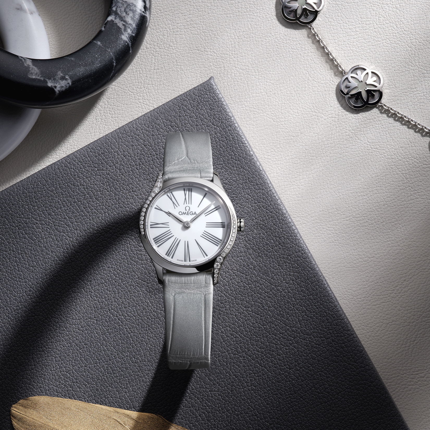 Omega De Ville Mini Trésor quartz white Grand Feu enamel dial grey leather strap 26 mm