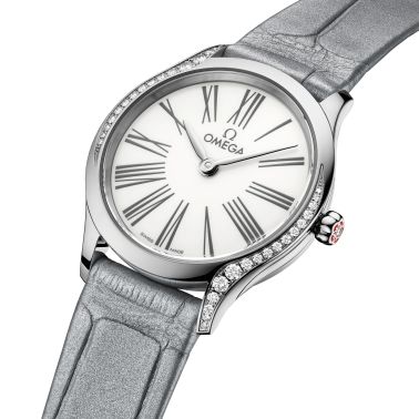 Omega De Ville Mini Trésor quartz white Grand Feu enamel dial grey leather strap 26 mm