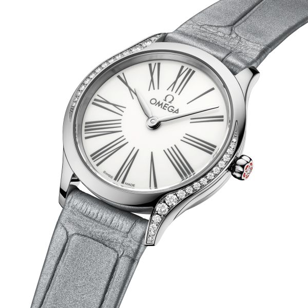 Omega De Ville Mini Trésor quartz white Grand Feu enamel dial grey leather strap 26 mm