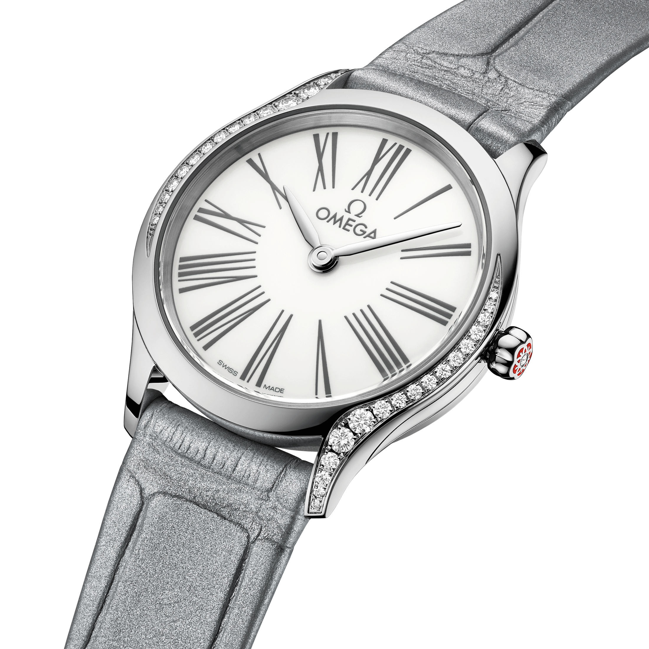 Omega De Ville Mini Trésor quartz white Grand Feu enamel dial grey leather strap 26 mm
