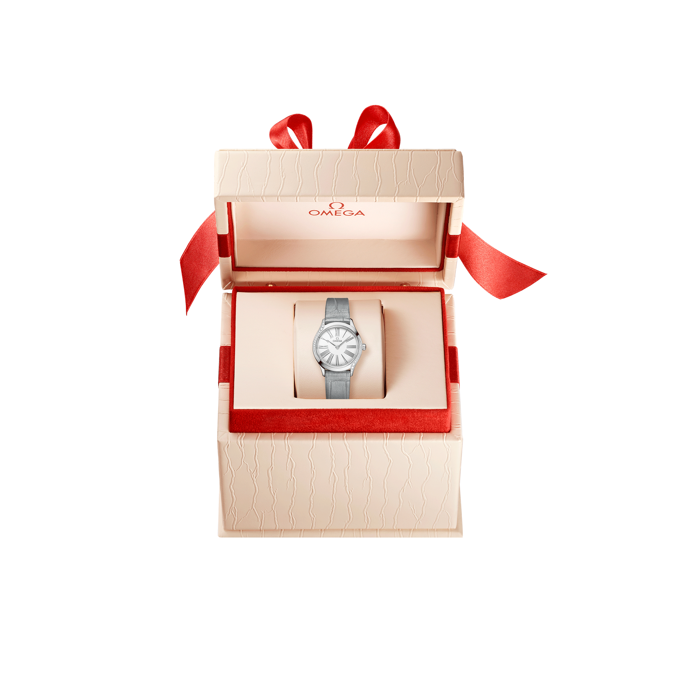 Omega De Ville Mini Trésor quartz white Grand Feu enamel dial grey leather strap 26 mm