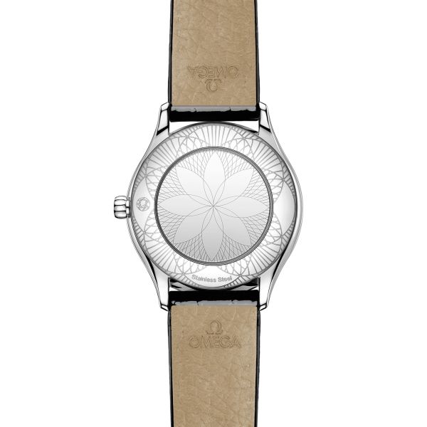 Montre Omega De Ville Mini Trésor quartz cadran émail Grand Feu blanc bracelet cuir double tour noir 26 mm