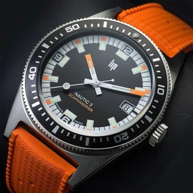 Lip Nautic 3 Scaphandrier automatic black dial orange "tropic" rubber strap 39 mm