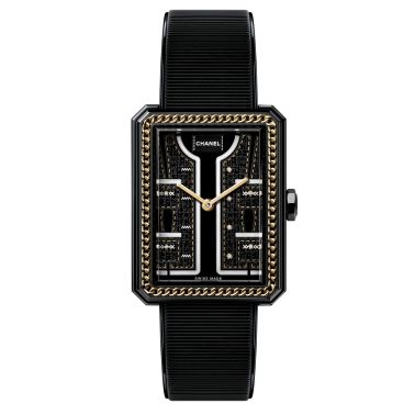 CHANEL BOY∙FRIEND Couture quartz watch yellow gold chain bezel black lacquered dial set leather strap medium model 