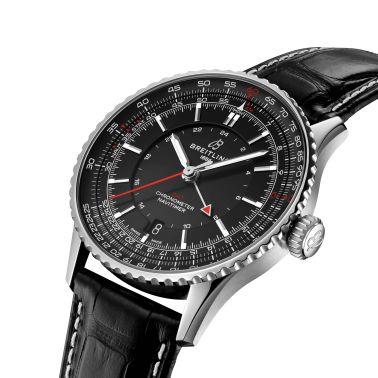Breitling Navitimer GMT 2024 automatic watch black dial black leather strap 41 mm