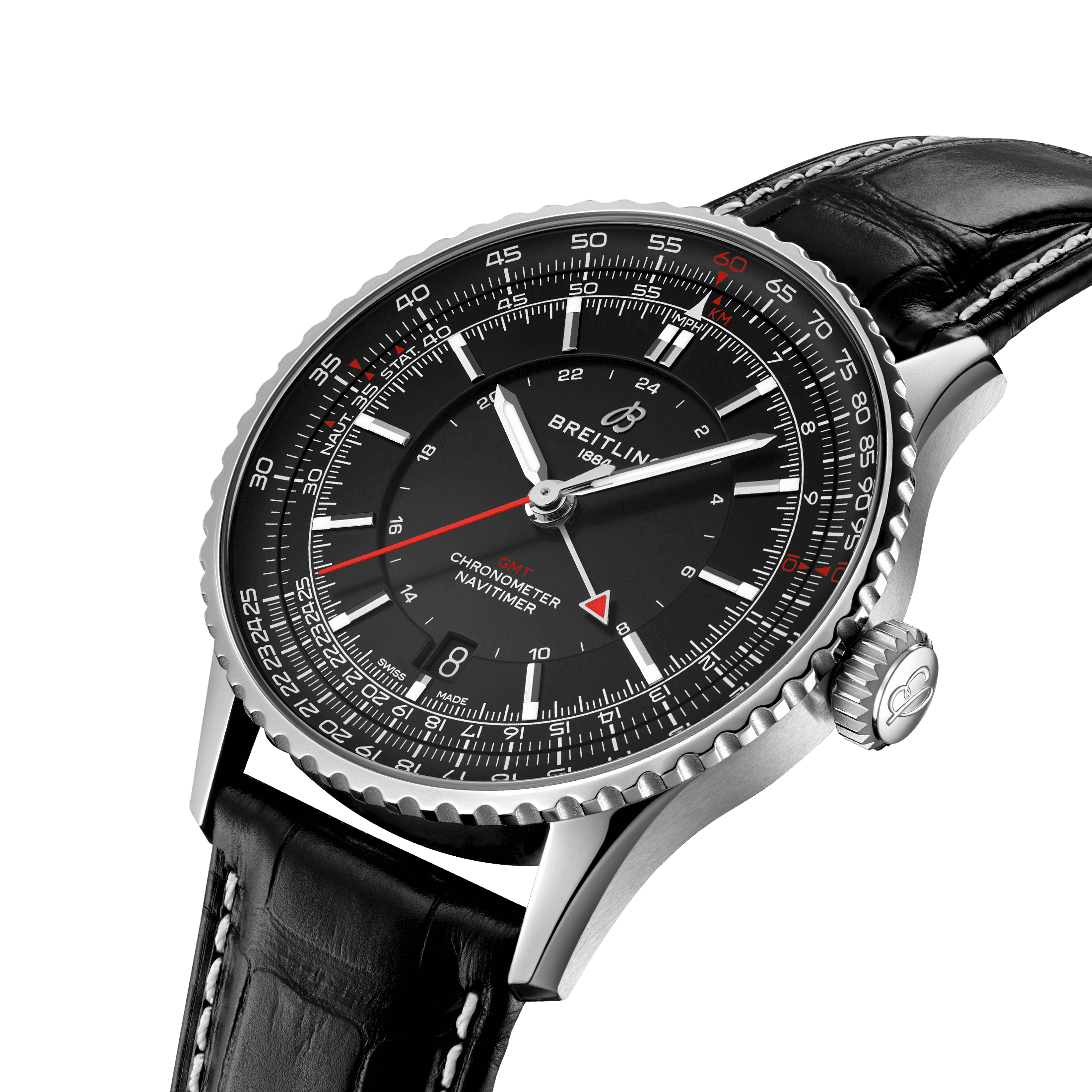 Breitling Navitimer GMT 2024 automatic watch black dial black leather strap 41 mm