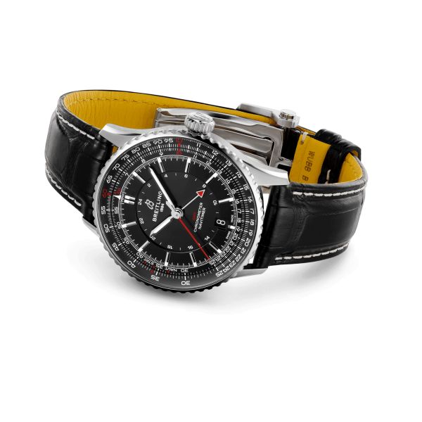 Breitling Navitimer GMT 2024 automatic watch black dial black leather strap 41 mm