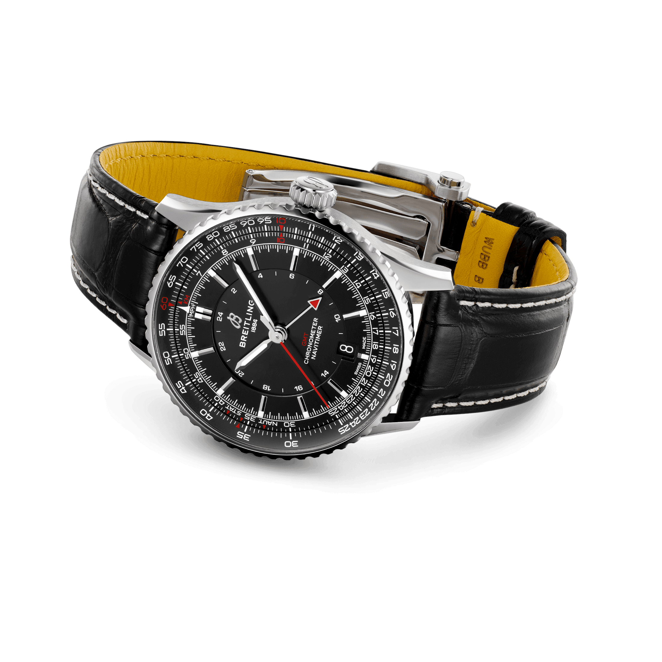 Breitling Navitimer GMT 2024 automatic watch black dial black leather strap 41 mm