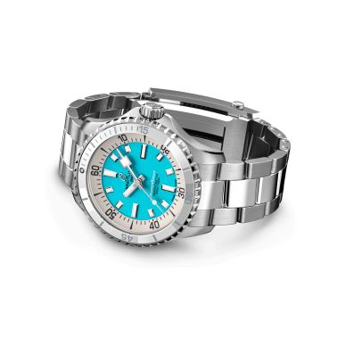 Breitling Superocean automatic watch turquoise dial steel bracelet 36 mm
