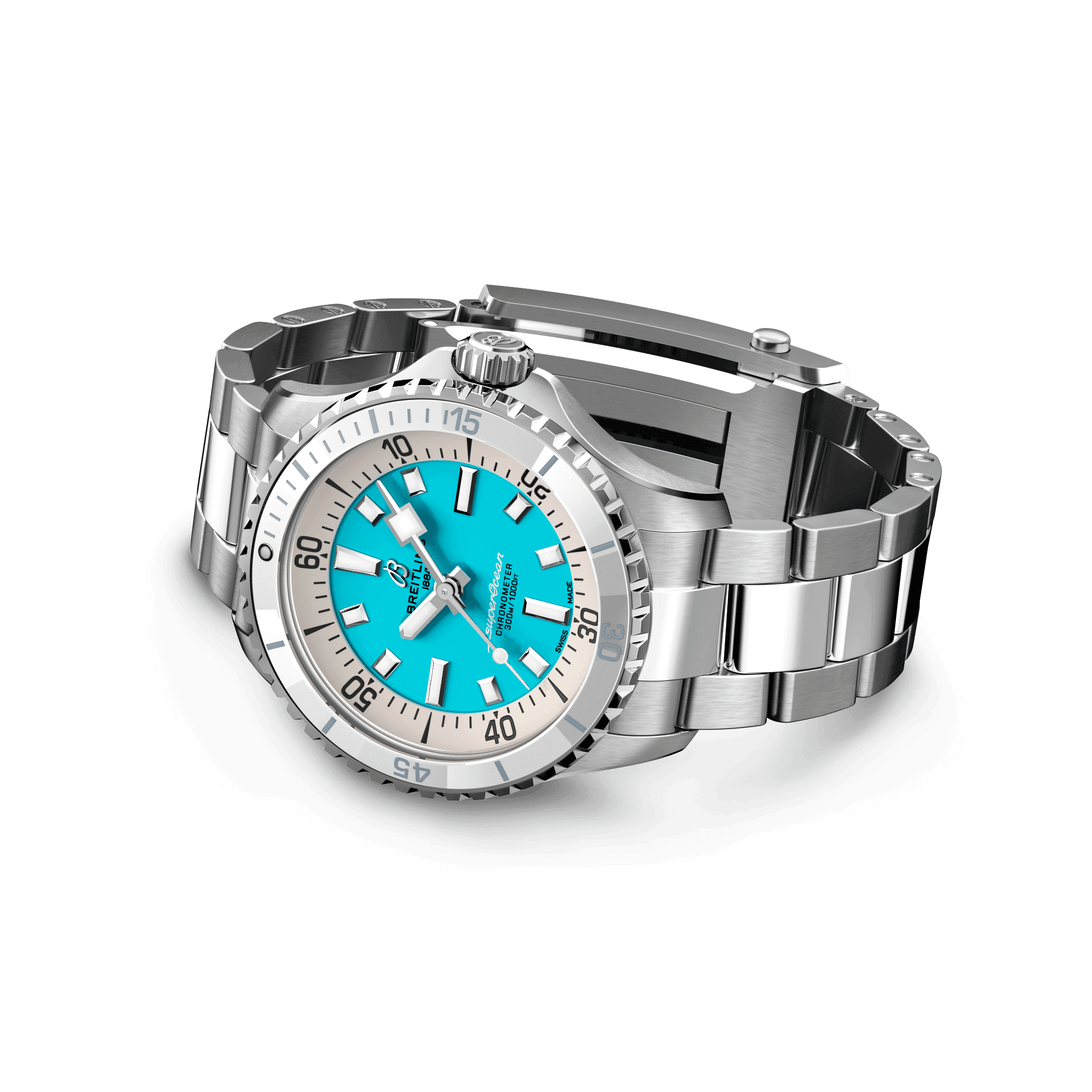 Breitling Superocean automatic watch turquoise dial steel bracelet 36 mm