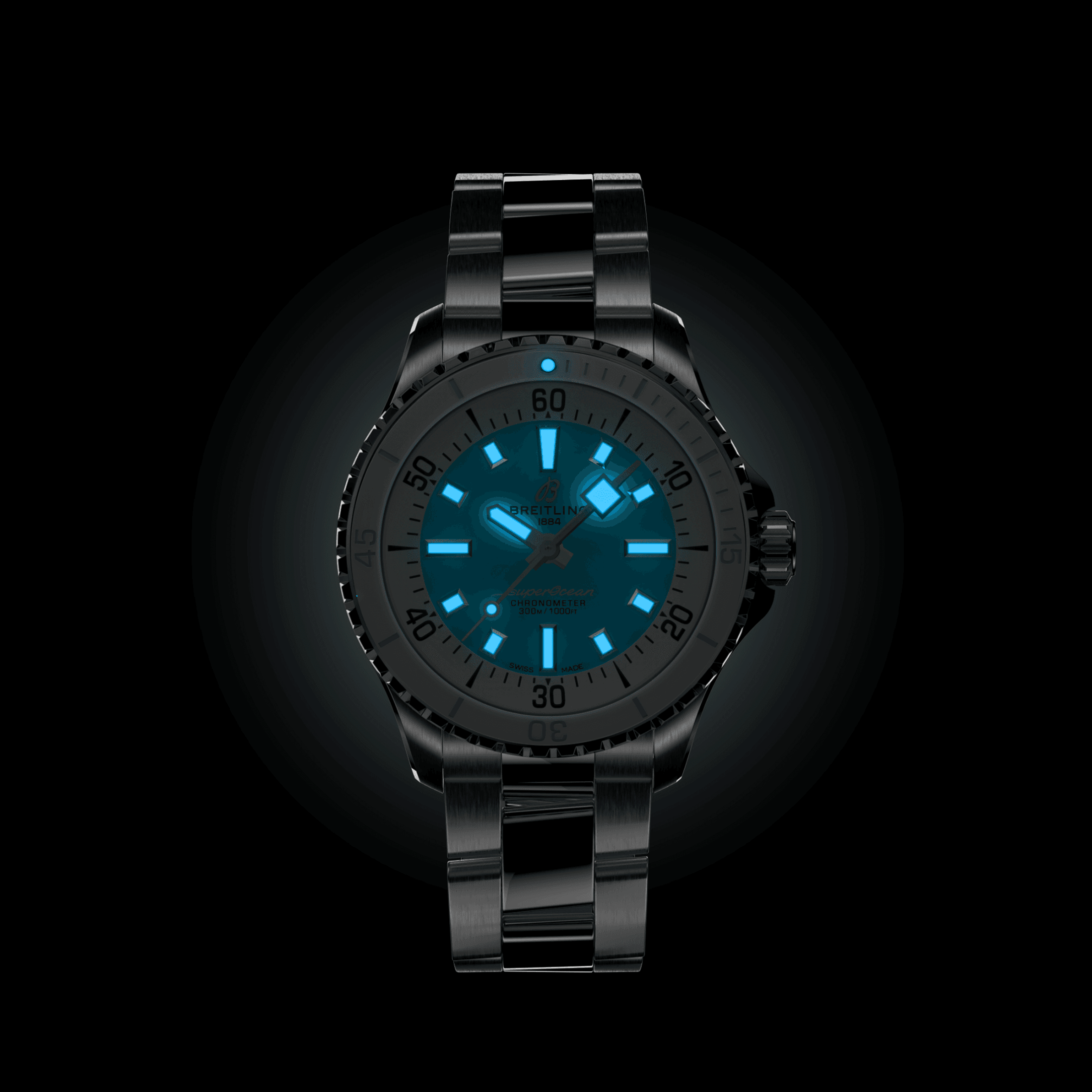 Breitling Superocean automatic watch turquoise dial steel bracelet 36 mm