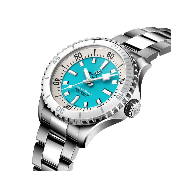 Breitling Superocean automatic watch turquoise dial steel bracelet 36 mm