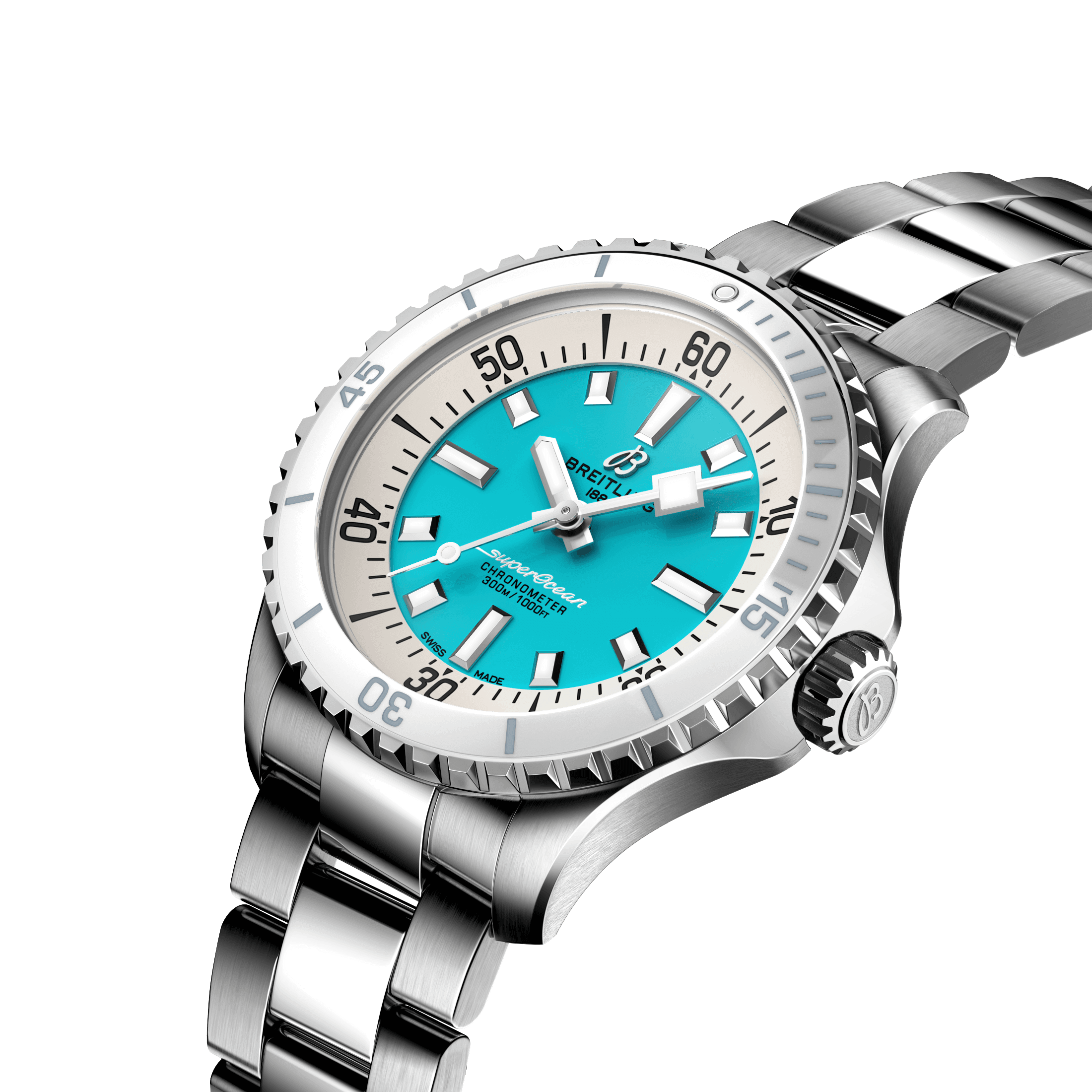 Breitling Superocean automatic watch turquoise dial steel bracelet 36 mm