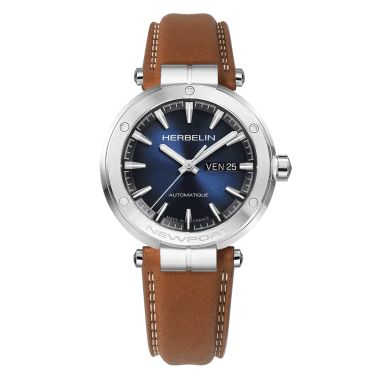 Montre Herbelin Newport Automatique cadran bleu bracelet cuir brun 42 mm