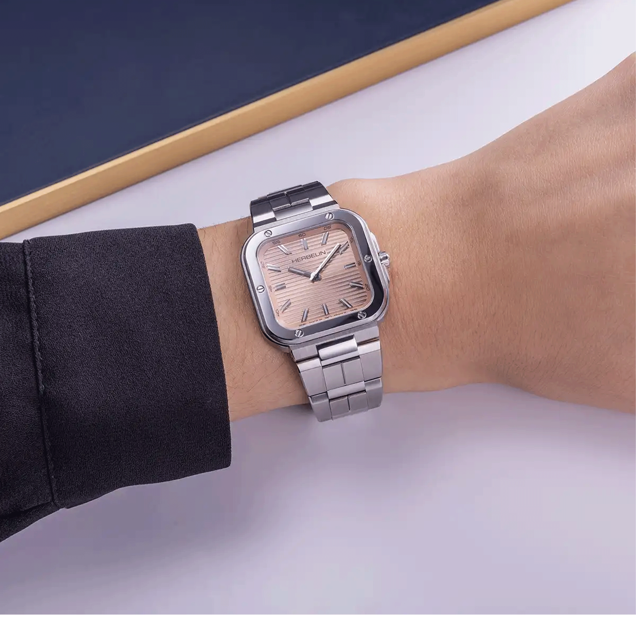 Herbelin Cap Camarat Square quartz copper dial steel bracelet 30 x 30 mm