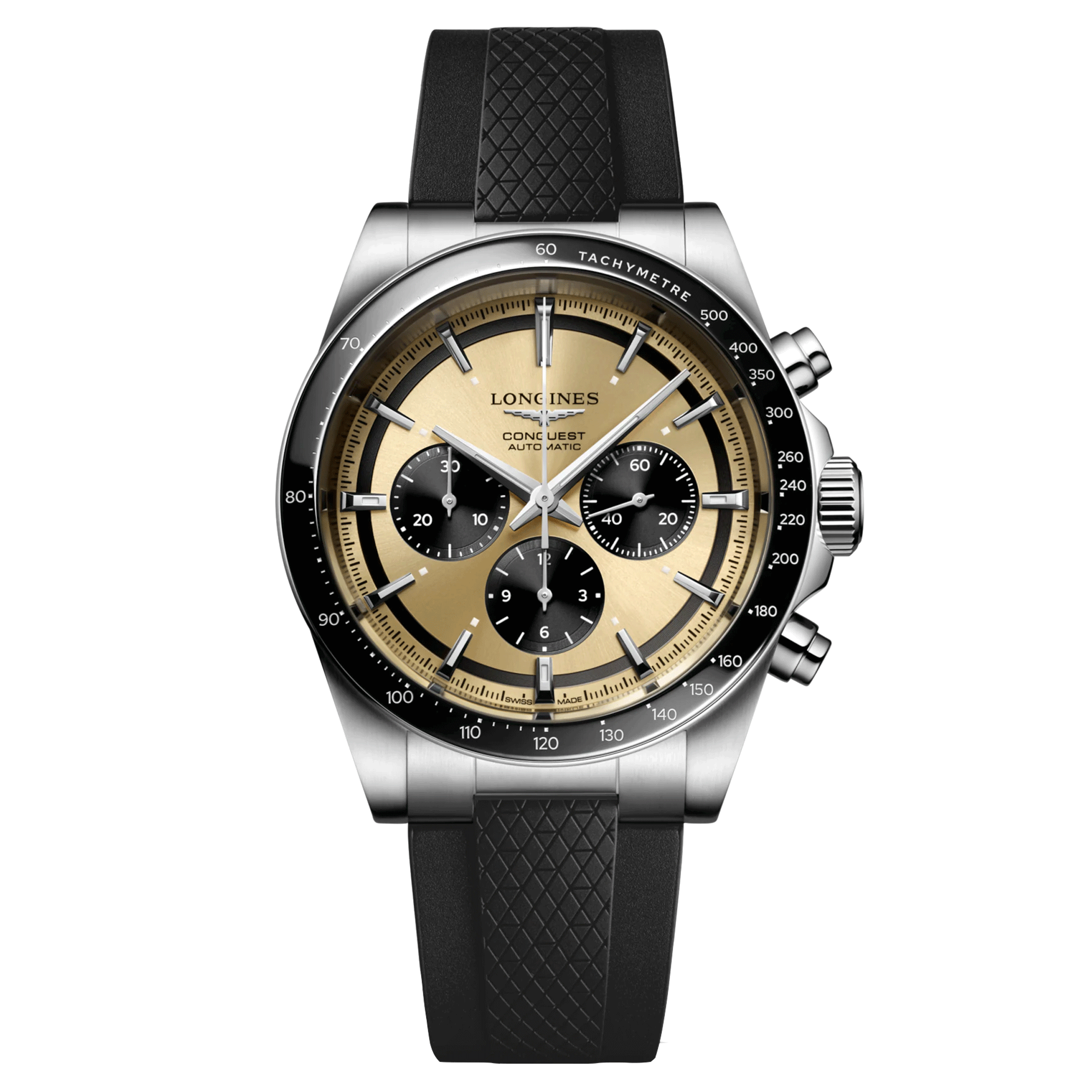 Longines Conquest Chronograph automatic watch brown dial black rubber strap 42 mm