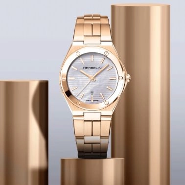 Herbelin Cap Camarat Lady PVD Rose Gold quartz mother-of-pearl dial steel bracelet 33 mm