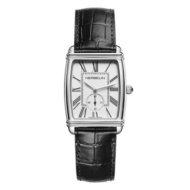 Montre Herbelin Art Deco quartz cadran argent chiffres romains bracelet cuir noir 30 x 35,5 mm