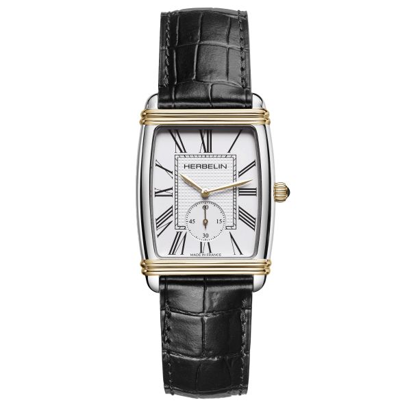 Montre Herbelin Art Déco PVD Or jaune quartz chiffres romains cadran blanc bracelet cuir noir 30 x 35,50 mm